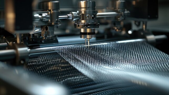 Precision carbon fiber weaving machine creating complex patterns, focusing on the intricate, featherweight material being crafted.