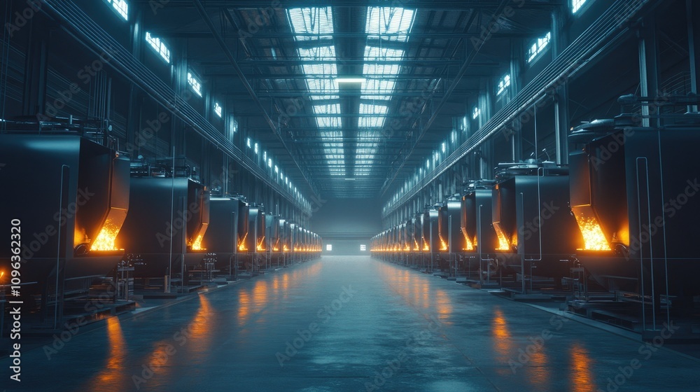 Aufkleber rows of large industrial kilns used for drying and processing gypsum boards in a spacious factory wa