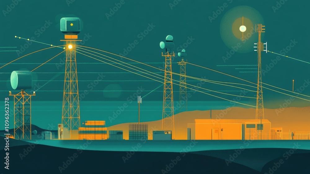 Poster Schematic illustrating satellite communication in pager systems, showing how signals are transmitted wirelessly between towers and pager devices for effective messaging.
