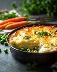 Baking hearty shepherd's pie in a cozy kitchen food rustic environment close-up view of comfort dish for seo impact