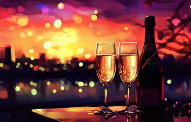 Two glasses of champagne and a bottle on a table against a city lights background, in the style of a digital illustration, colorful and beautiful, evoking a romantic evening.