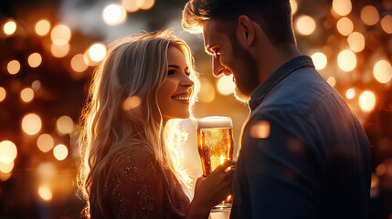Banner of smiling couple enjoying drink romantic evening setting bokeh lights reflecting happiness warmth connection
