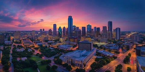 Obraz premium Modern City Skyline with Office Buildings and Drone View at Sunset
