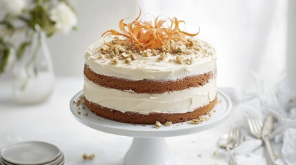 Indulge in a moist carrot cake layered with cream cheese frosting and crushed walnuts perfect for any occasion