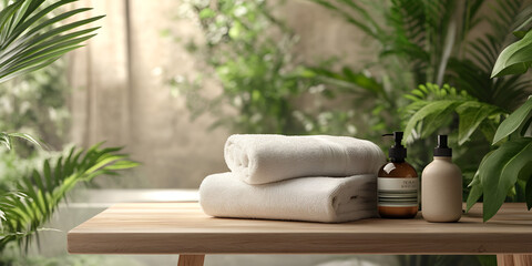 Spa Essentials with Towels and Greenery in Relaxing Natural Light