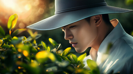 Banner portraying a thoughtful man surrounded by lush greenery wearing a wide-brimmed hat in tranquil light