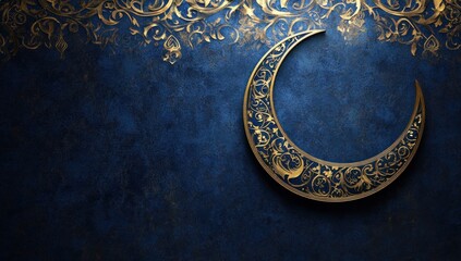 Ornate Golden Crescent Moon on Blue Background