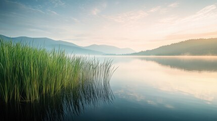 Fototapeta premium Serene lakeside land with tall grass, a calm water surface, and distant mountains under a soft sky