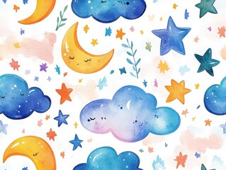 Boho seamless pattern and toy concepts. A whimsical pattern featuring colorful moons, clouds, and stars against a white background, perfect for children's themes and dreamy designs.
