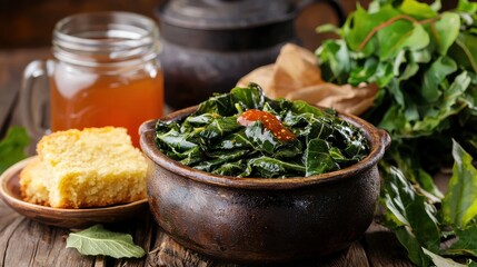 Slow-cooked collard greens with ham hocks and cornbread southern kitchen comfort food rustic setting culinary experience