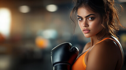 Banner displaying fierce woman boxer, confident stance, black gloves, orange sports bra, intense gym background, powerful focus, strength and determination
