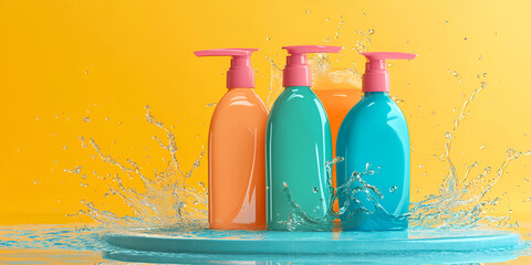  Vibrant Liquid Soap Bottles with Splashes on Yellow Background