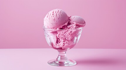 Glass cup with pink ice cream on a pink background