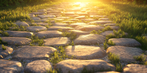 Naklejka premium Sunlit Stone Pathway Through Scenic Nature at Golden Hour