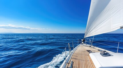Obraz premium A beautifully crafted wooden yacht with white sails glides over the shimmering ocean, showcasing its elegance and speed in the sunny landscape