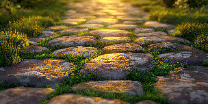 Sunlit Stone Pathway Through Scenic Nature at Golden Hour