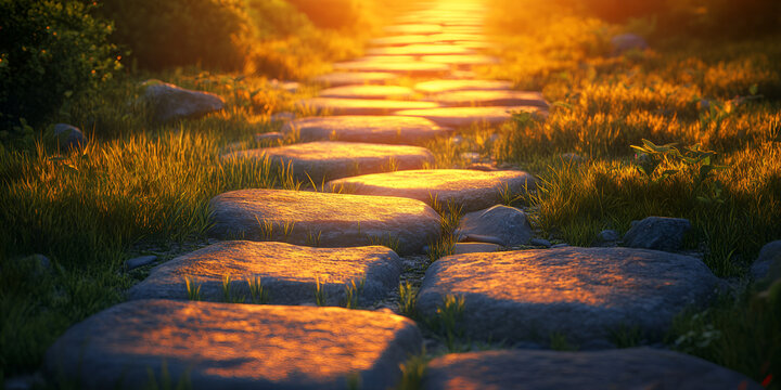 Sunlit Stone Pathway Through Scenic Nature at Golden Hour