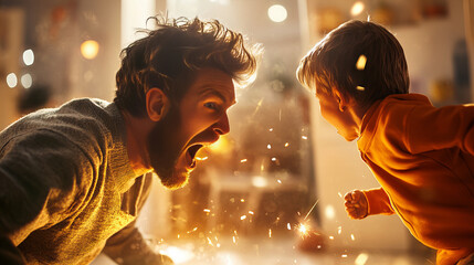 Banner of intense interaction between grown man young boy sparks flying dynamic dramatic lighting vibrant energetic atmosphere background