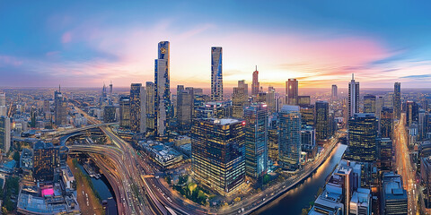 Obraz premium Modern City Skyline with Office Buildings and Drone View at Sunset