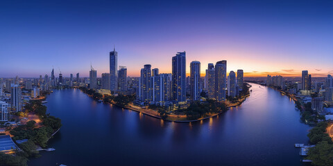 Fototapeta premium Modern City Skyline with Office Buildings and Drone View at Sunset
