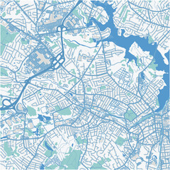 Map of Peabody in Massachusetts in a professional blue style. Contains layered vector with roads water, parks, etc.