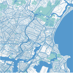 Map of Revere in Massachusetts in a professional blue style. Contains layered vector with roads water, parks, etc.