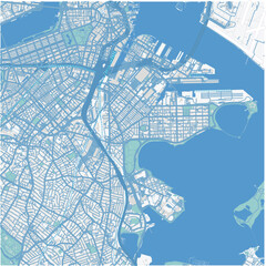 Map of South Boston in Massachusetts in a professional blue style. Contains layered vector with roads water, parks, etc.