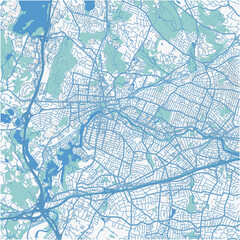 Map of Waltham in Massachusetts in a professional blue style. Contains layered vector with roads water, parks, etc.