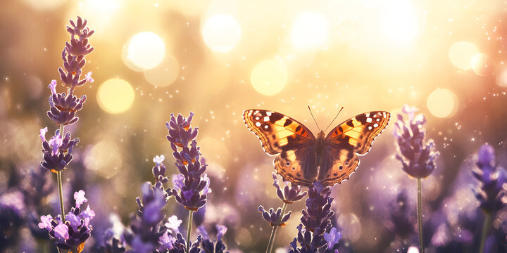 Butterfly on Lavender Flowers in Soft Sunlight
