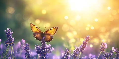 Butterfly on Lavender Flowers in Soft Sunlight