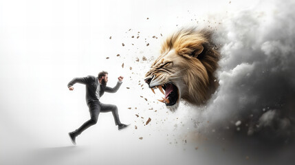 Banner features dynamic scene man running toward roaring lion breaking through clouds vibrant explosion debris colorful sky