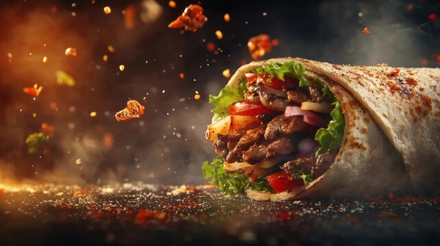 A delicious wrap filled with meat, vegetables, and spices.