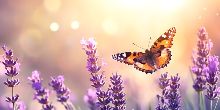 Butterfly on Lavender Flowers in Soft Sunlight