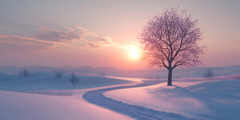 Snowy Winter Landscape with Tree at Sunrise