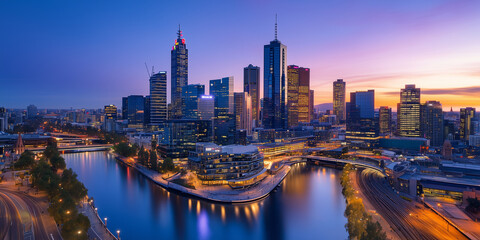 Fototapeta premium Modern City Skyline with Office Buildings and Drone View at Sunset