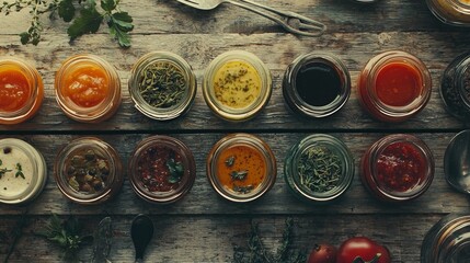 Colorful Jars of Herbs and Sauces on Rustic Table