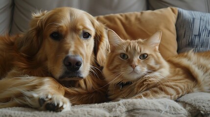 Golden retriever and short haired cat