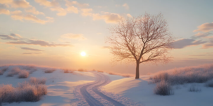 Snowy Winter Landscape with Tree at Sunrise