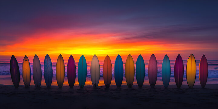 Surfboards Lined Up on Beach at Sunset