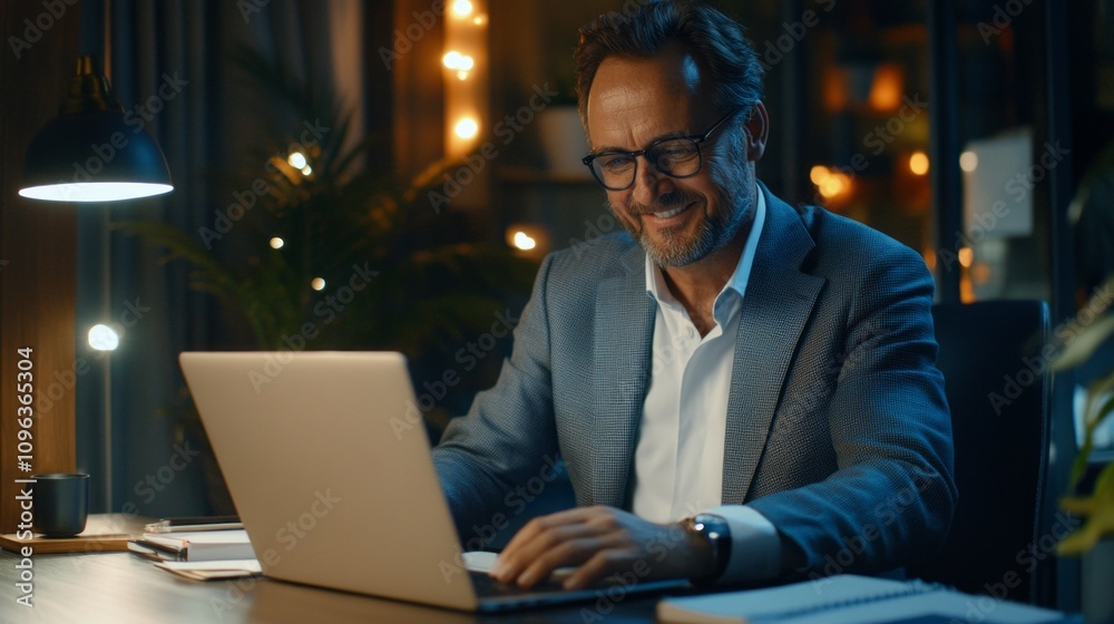 Poster a man is sitting at a desk with a laptop in front of him
