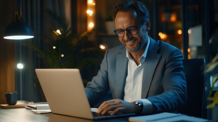 A man is sitting at a desk with a laptop in front of him