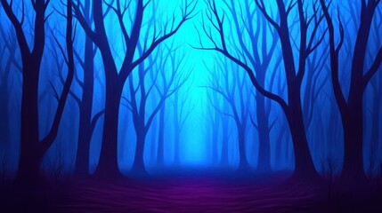 A haunting, ethereal forest scene, illuminated in shades of blue, featuring bare trees that create an atmosphere of mystery and intrigue.
