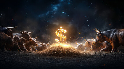 Banner illustrating golden dollar sign surrounded vigilant bulls cosmic background glowing aura prosperity wealth image