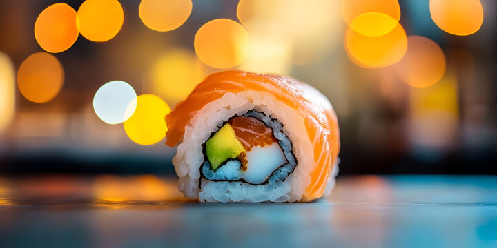 Fresh Sushi Rolls with Vibrant Background Lighting