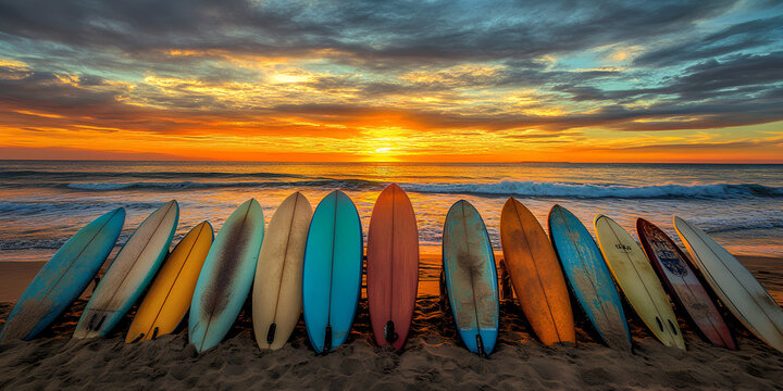 Surfboards Lined Up on Beach at Sunset