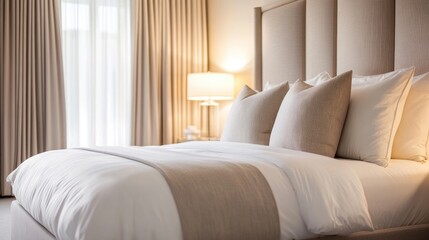 Serene bedroom with stylish neutral decor featuring plush pillows, soft bedding, and elegant curtains creating a calming ambiance.