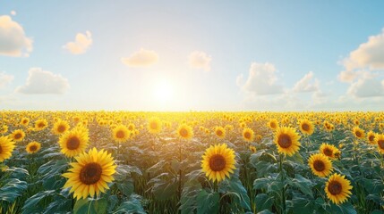 Obraz premium Vibrant sunflower field stretching to the horizon under a clear and sunny sky