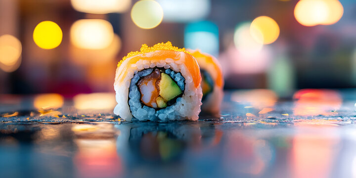 Fresh Sushi Rolls with Vibrant Background Lighting