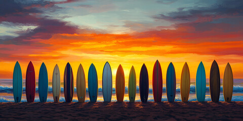 Surfboards Lined Up on Beach at Sunset