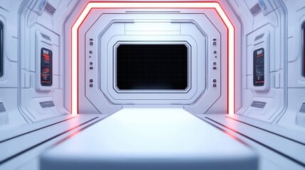 Fototapeta premium A futuristic, sterile hallway with glowing red accents and a central table, exuding a sci-fi atmosphere.